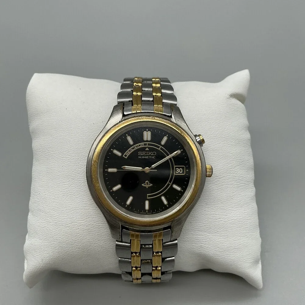 Seiko Kinetic Mens Watch 38mm Black Dial Date 5M42-0A19 New Capacitor 8